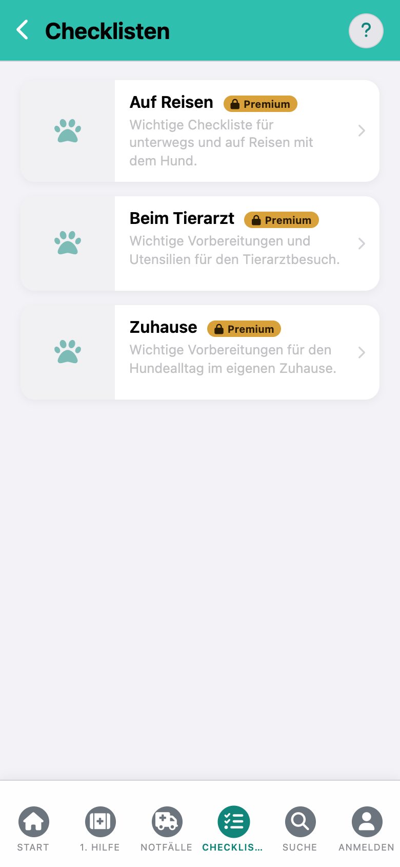 CanisCare: Liste der Checklisten