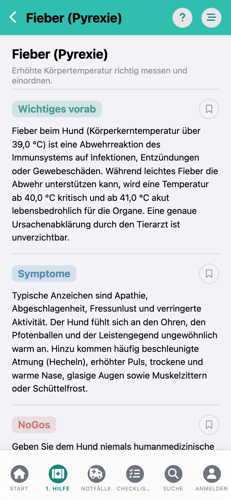 CanisCare: der Eintrag „Fieber“ mit den Abschnitten Wichtiges vorab und Symptome