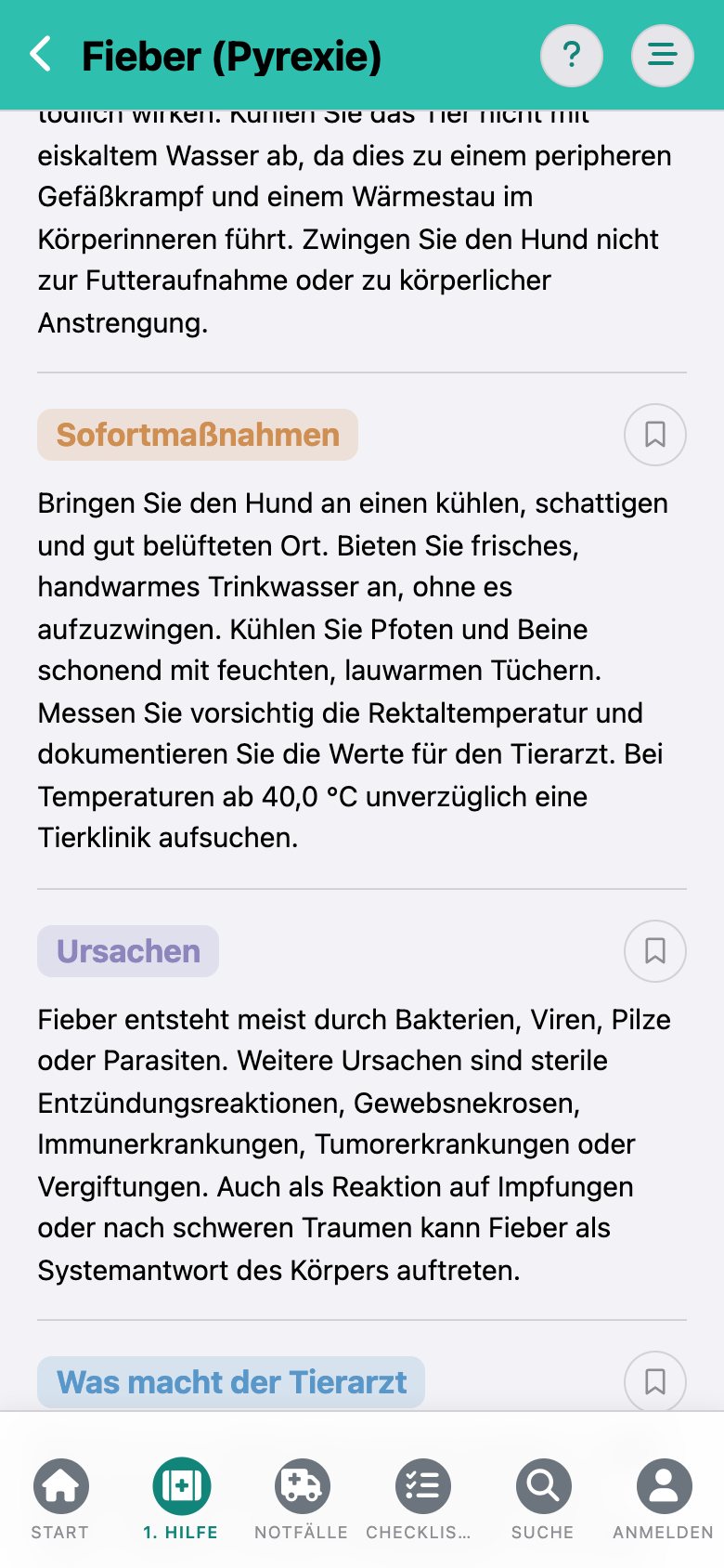 CanisCare: der Eintrag „Fieber“ mit den Abschnitten NoGos, Sofortmaßnahmen und Ursachen