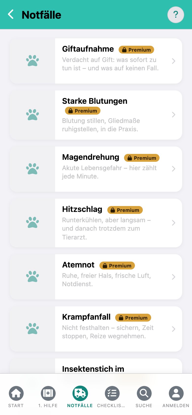 CanisCare: die Liste der Notfälle