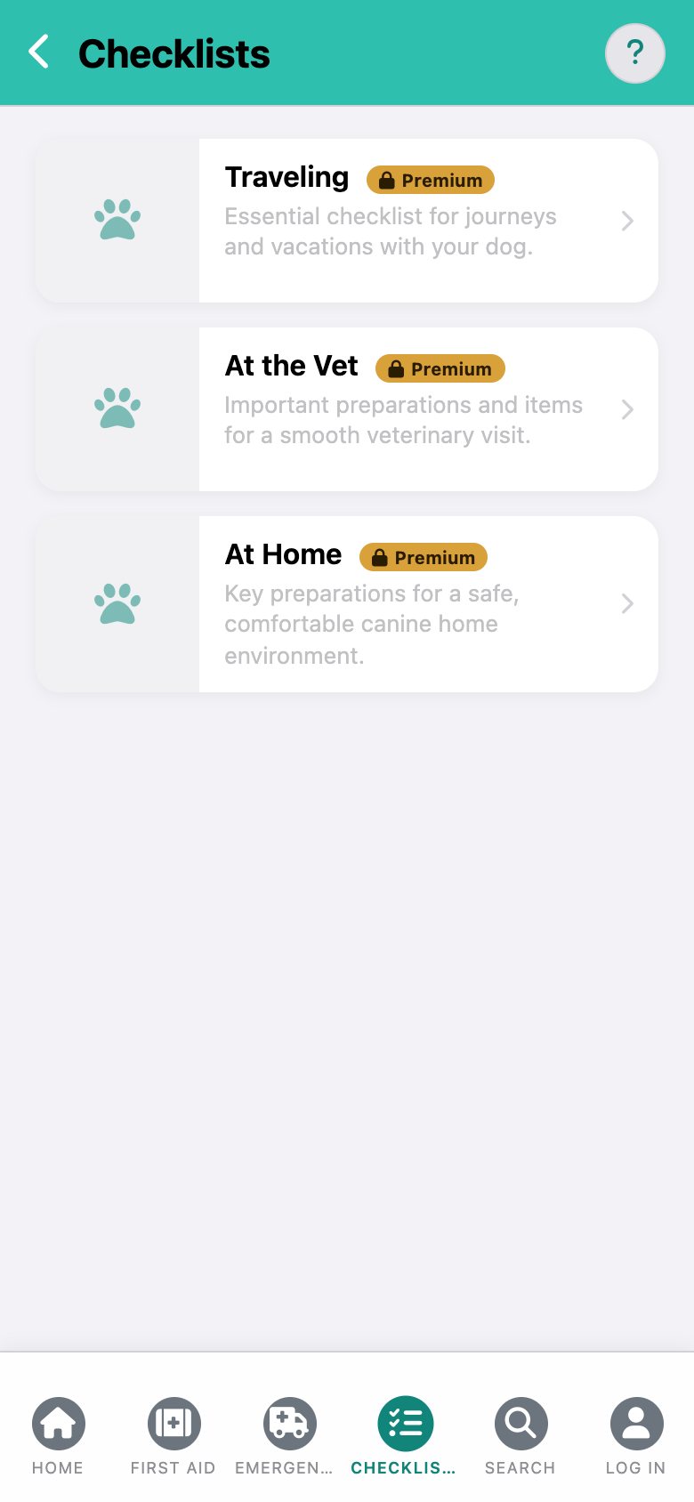 CanisCare: list of checklists