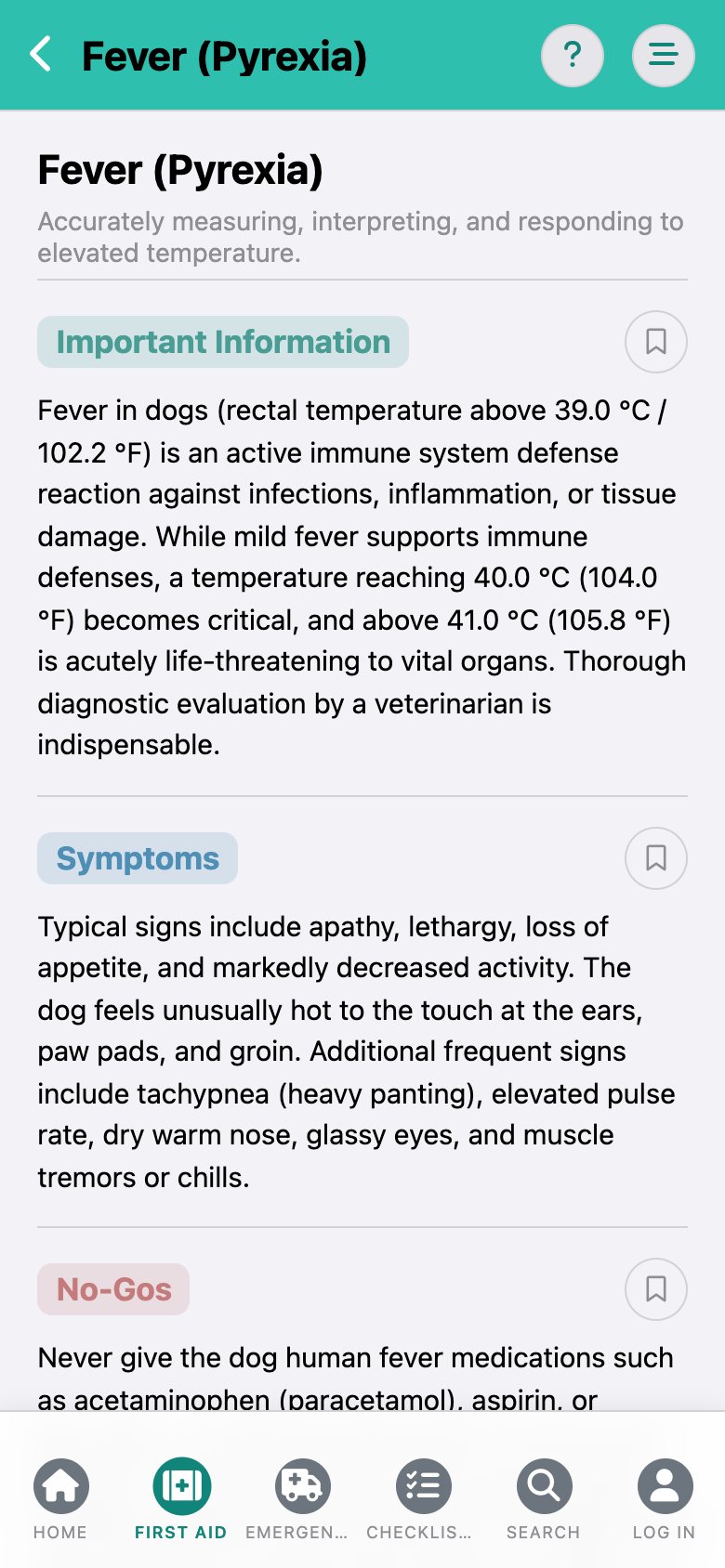 CanisCare: the entry "Fever" with the sections Important Information and Symptoms