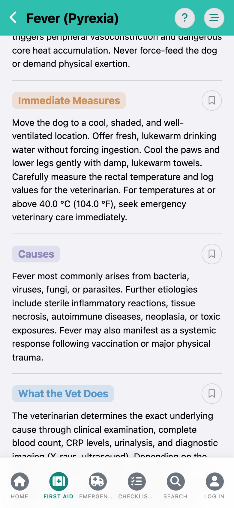 CanisCare: the entry "Fever" with the sections No-Gos, Immediate Measures and Causes