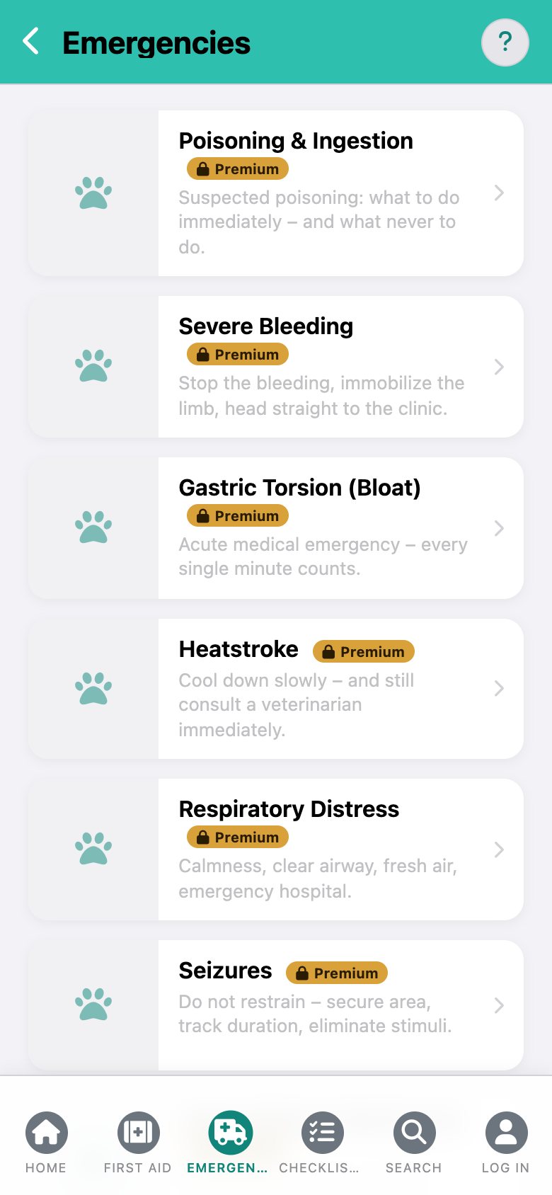 CanisCare: the list of emergencies