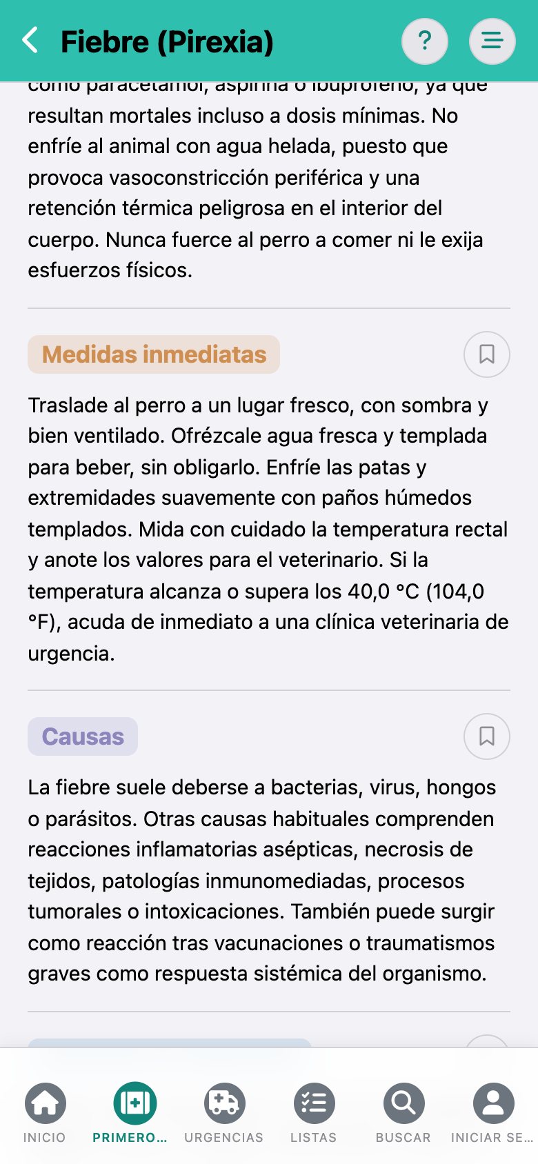 CanisCare: la entrada «Fiebre» con los apartados Qué evitar, Medidas inmediatas y Causas